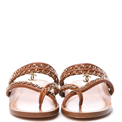 Chanel Calfskin Chain CC Thong Flat Sandals 41 Beige 2 of 9