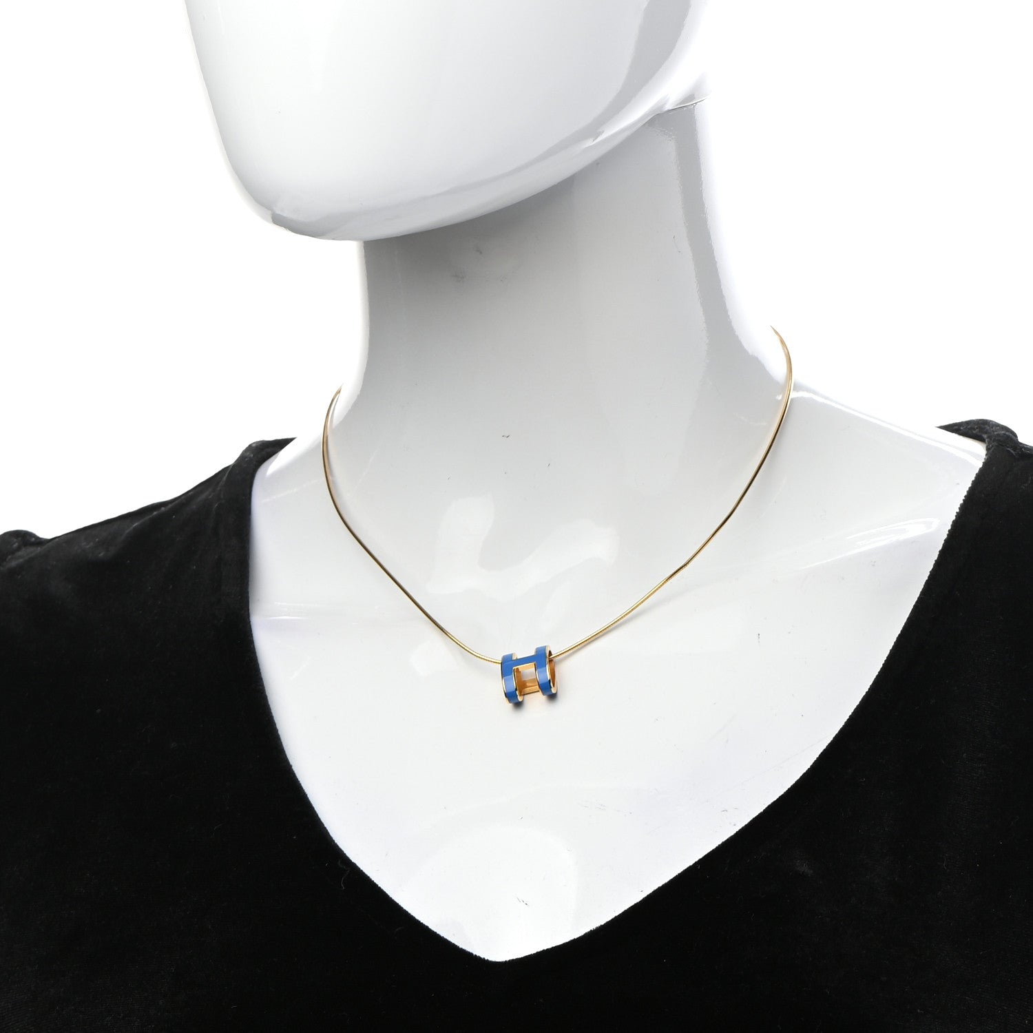 Hermes Lacquered Gold Pop H Pendant Necklace Bleu Sature 2 of 5