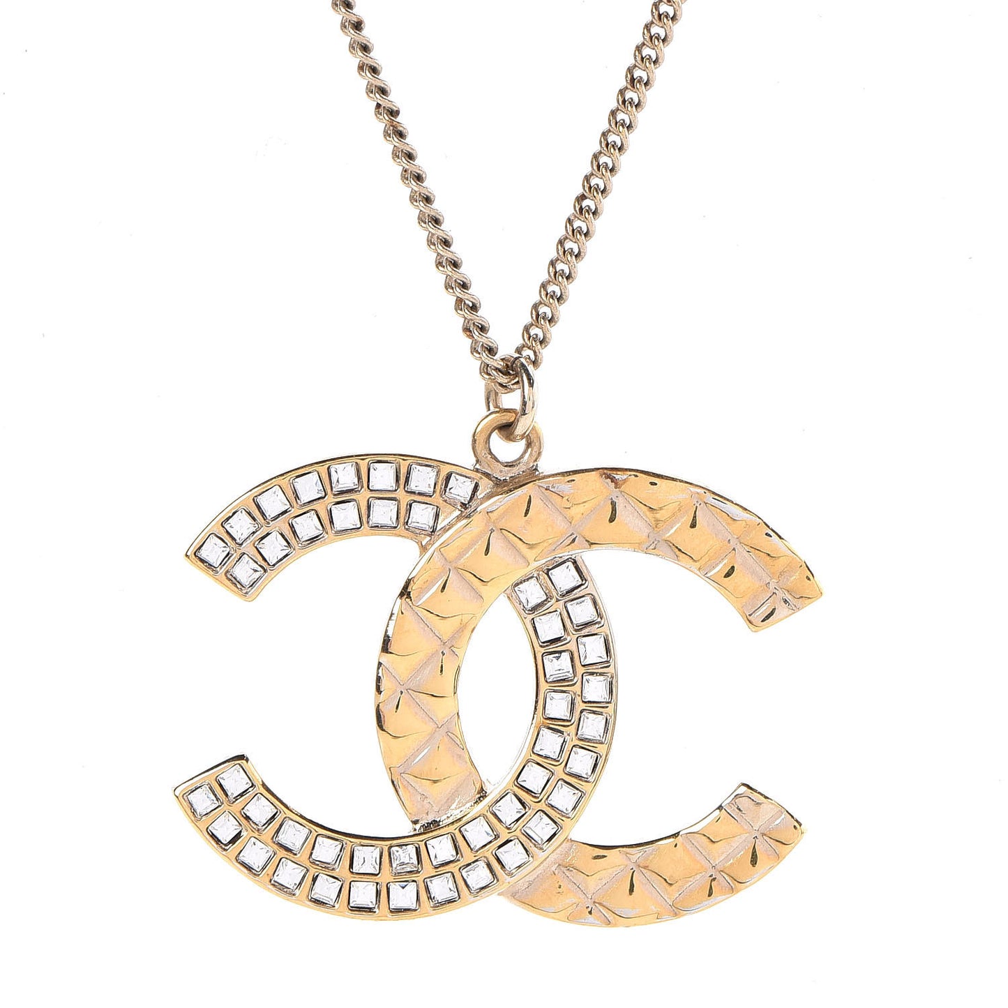 Baguette Crystal Quilted CC Pendant Necklace Gold