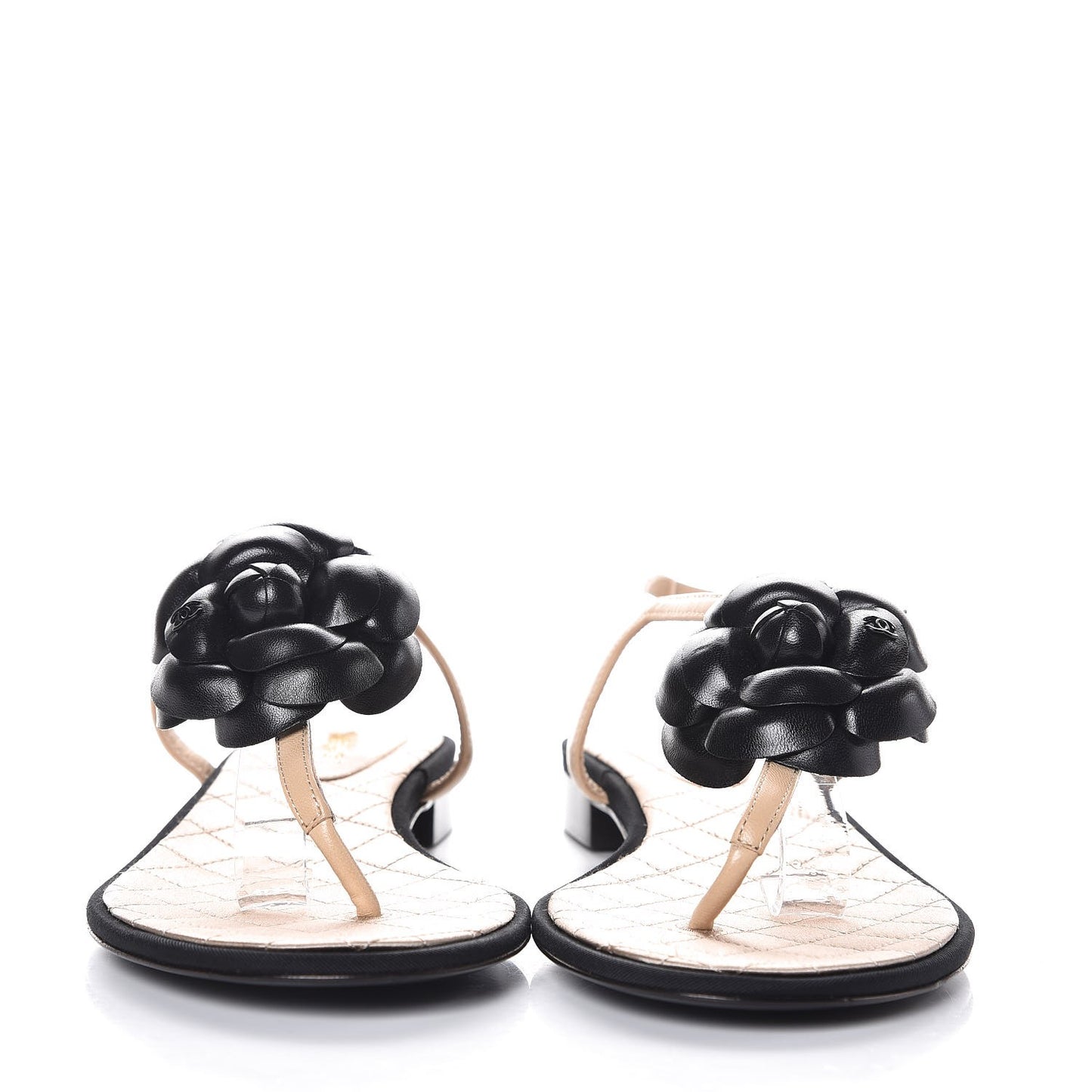 Lambskin Camellia Thong Sandals 38 Beige Black