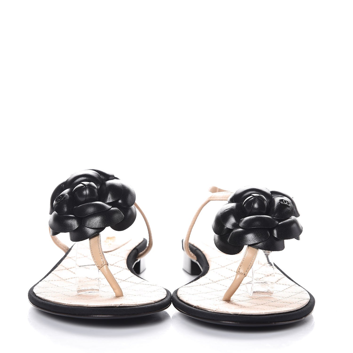 Chanel Lambskin Camellia Thong Sandals 38 Beige Black 2 of 7