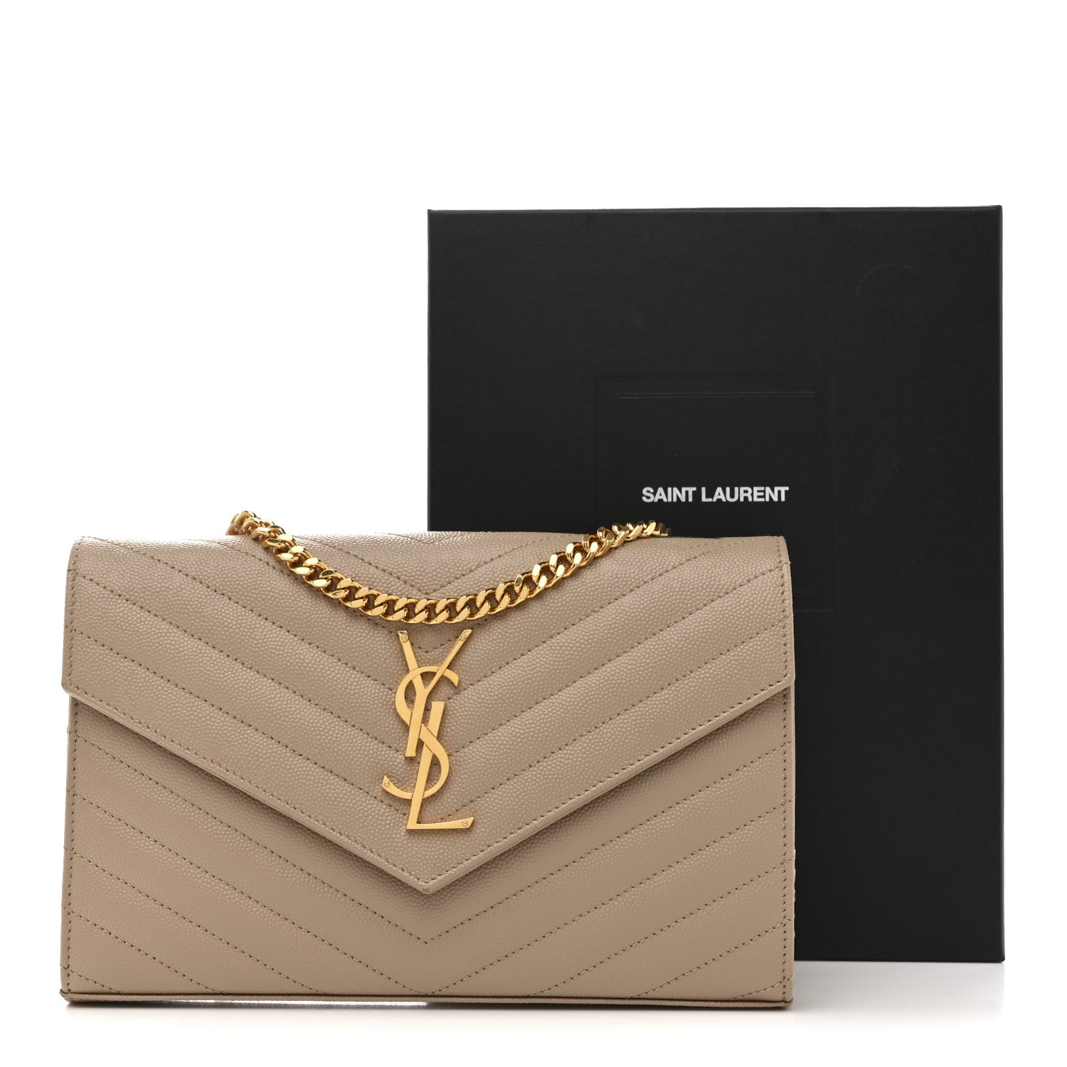 Saint Laurent Grain De Poudre Matelasse Chevron Monogram Chain Wallet Dark Beige 14 of 14