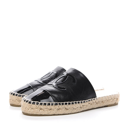 Chanel Goatskin Patent Calfskin CC Espadrille Mules 34 Black 3 of 13