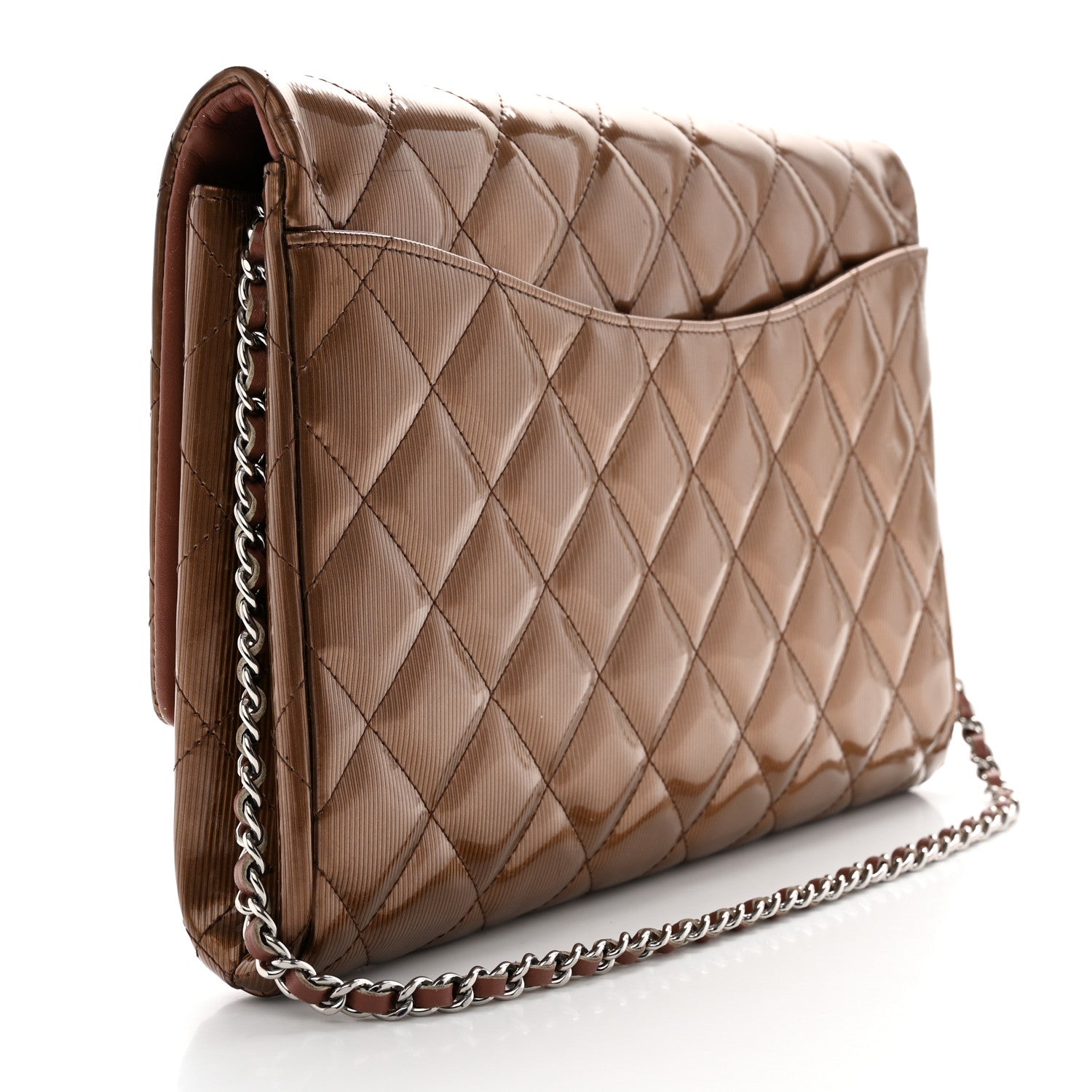 Chanel Striated Patent Quilted Clutch With Chain Flap Brown 3 of 16