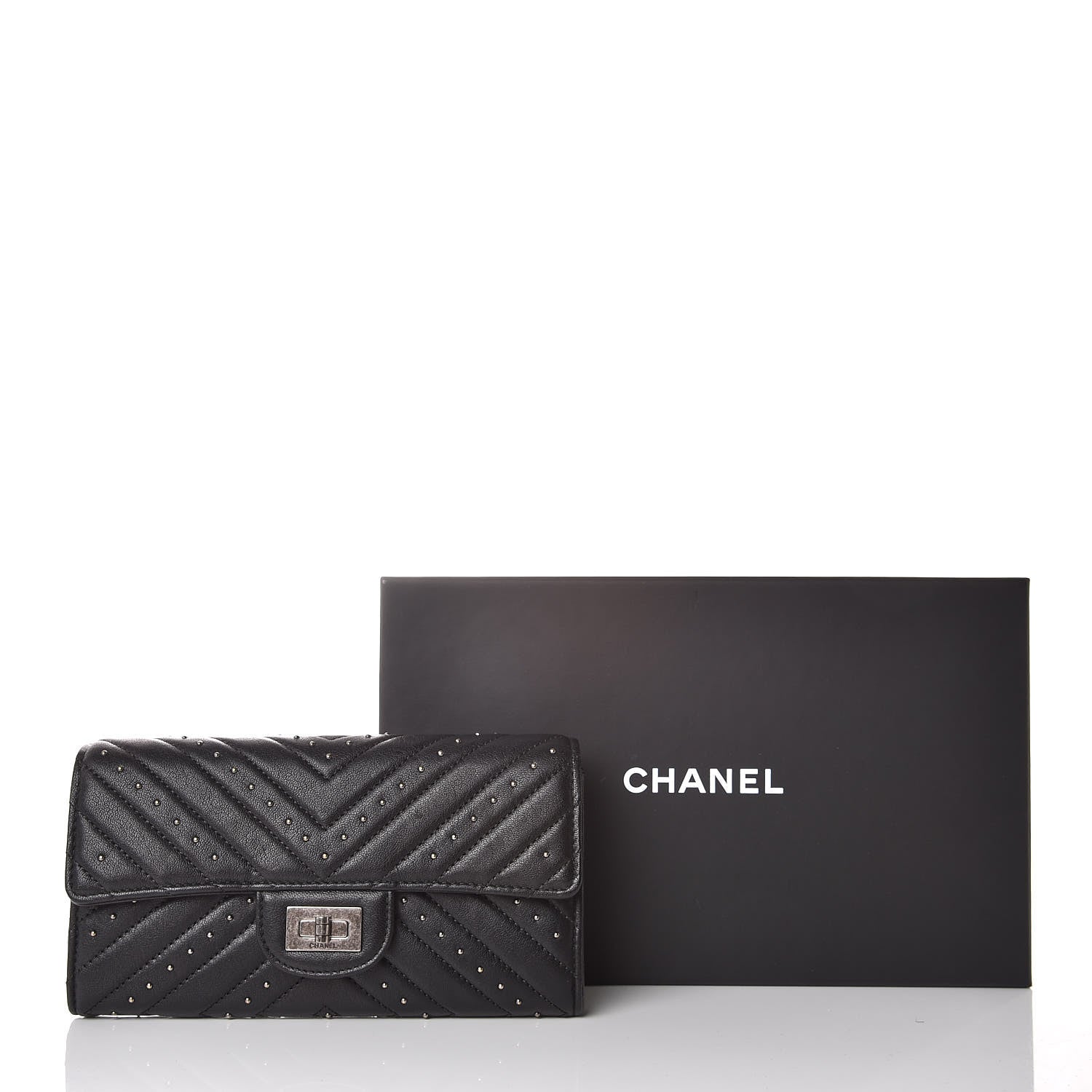 Chanel Sheepskin Chevron Quilted Studded Reissue Flap Wallet Black 10 of 10