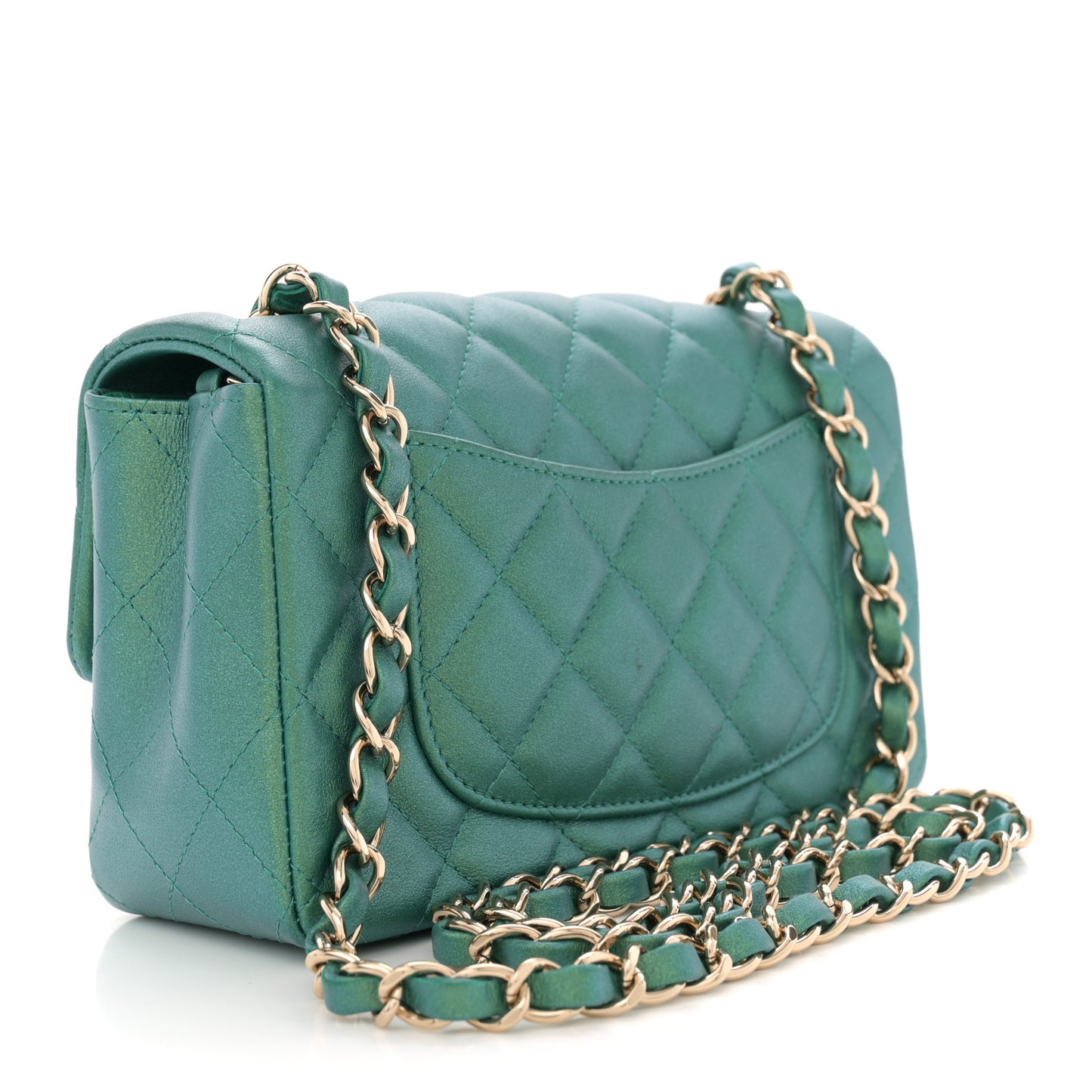 Iridescent Calfskin Quilted Mini Rectangular Flap Green