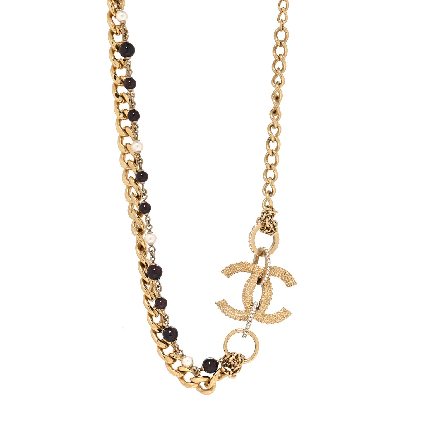 Crystal Pearl Beaded Metal Textured CC Chain Link Necklace Gold White Black