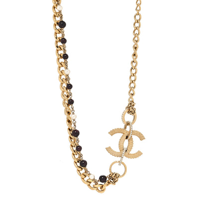 Chanel Crystal Pearl Beaded Metal Textured CC Chain Link Necklace Gold White Black 1 of 5
