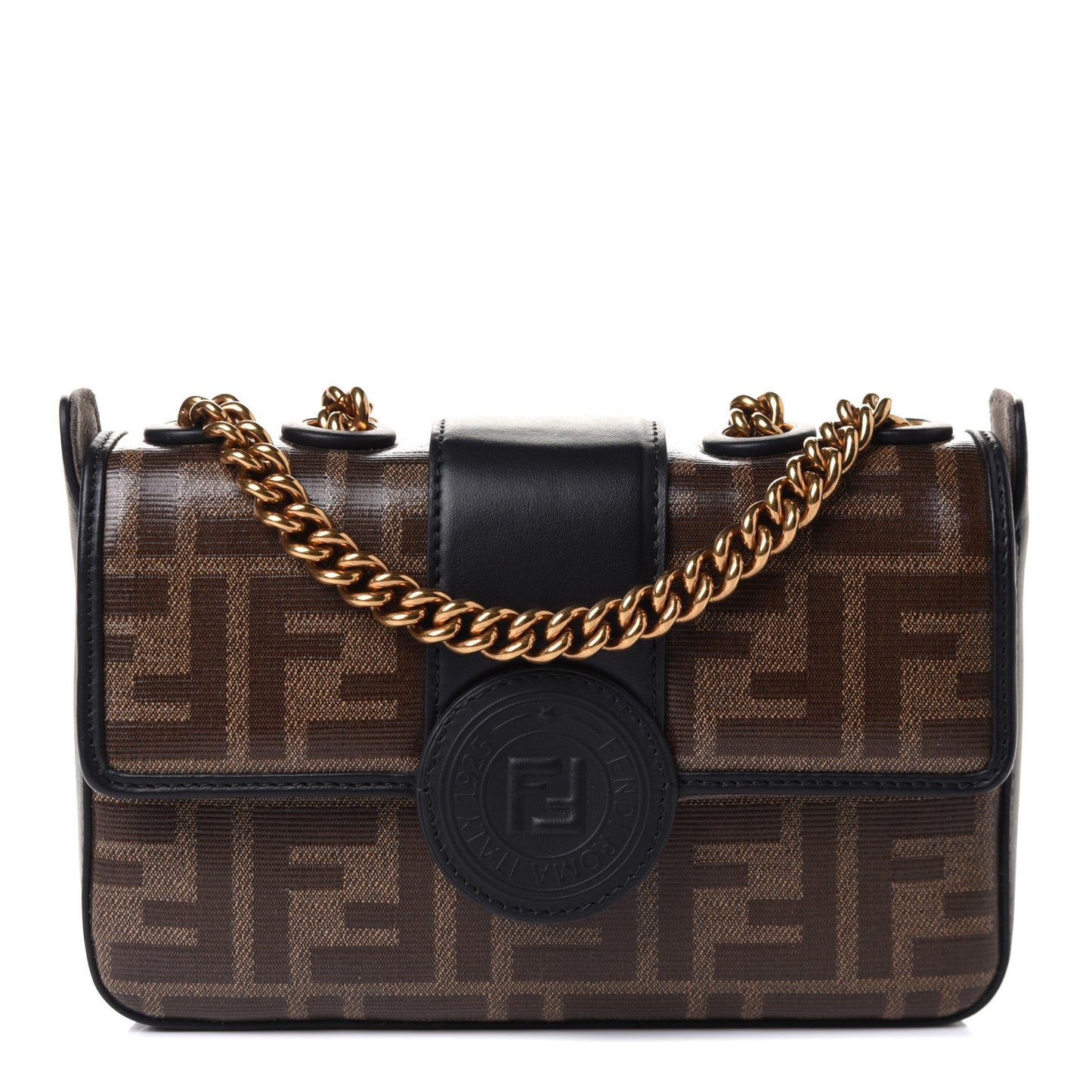 Glazed Fabric Vitello Century FF 1974 Stamp Patch Mini Double F Crossbody Bag Mogano Panna Black