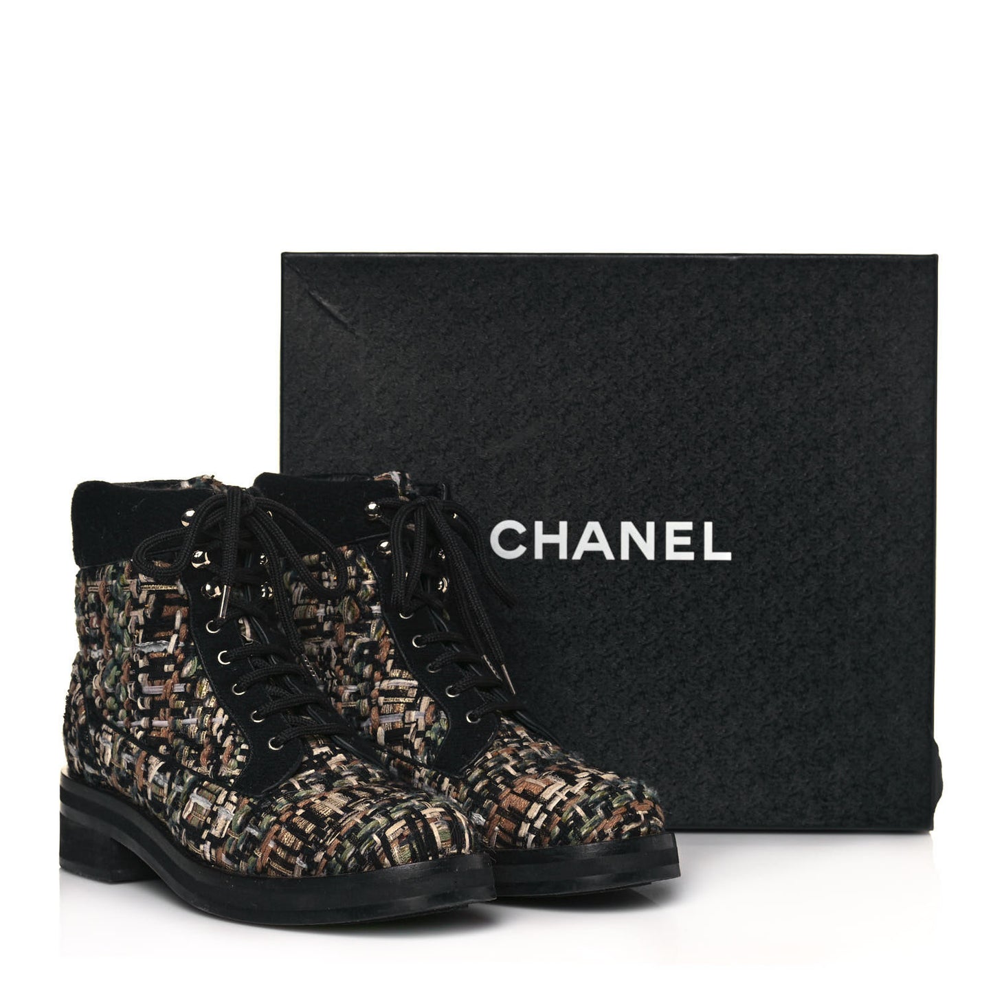 Tweed Lace Up Short Boots 38.5 Green Brown Black