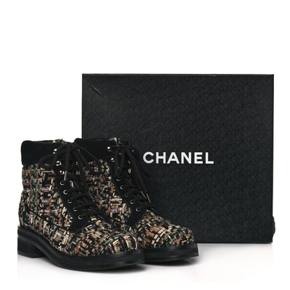Chanel Tweed Lace Up Short Boots 38.5 Green Brown Black 7 of 7