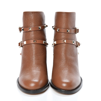 Valentino Garavani Pebbled Calfskin Rockstud Double Buckle 70mm Block Heel Ankle Boots 37 Tobacco 2 of 9