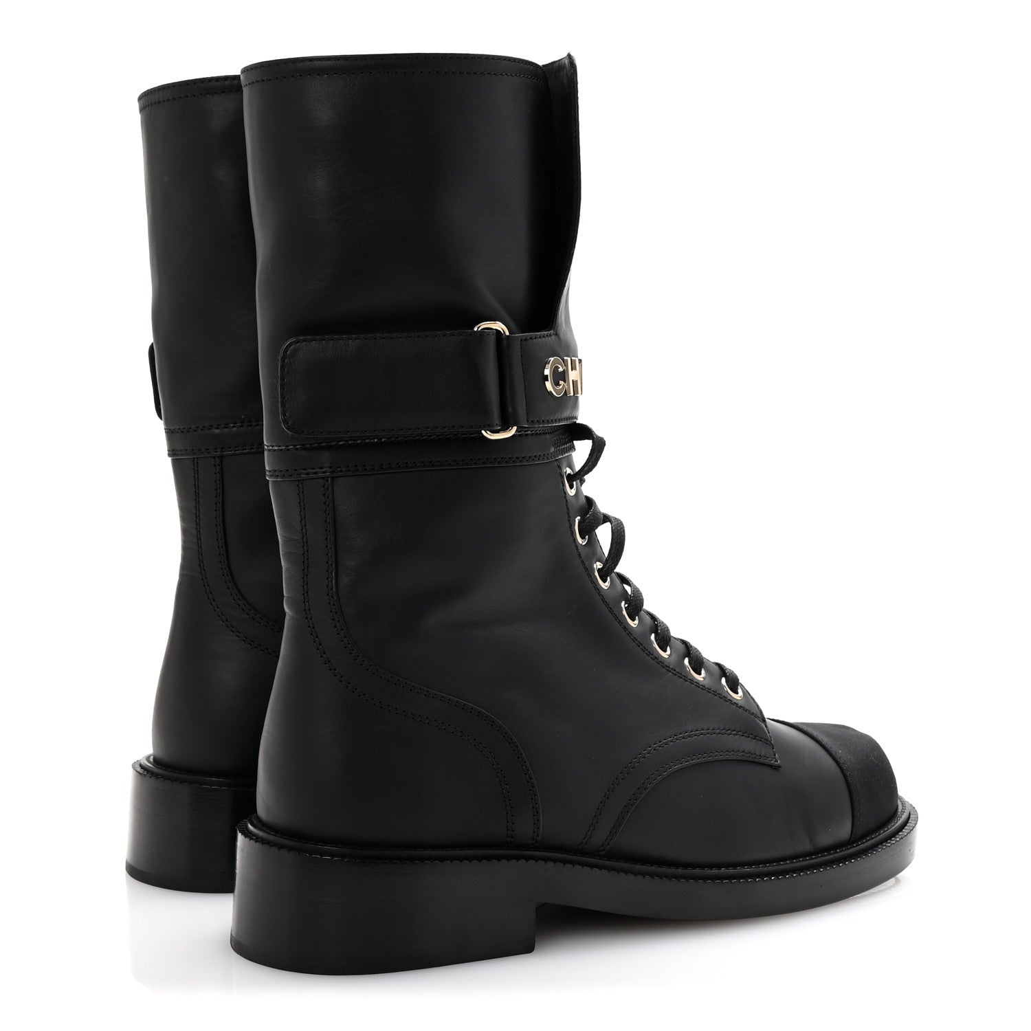 Chanel Shiny Calfskin Lace Up Combat Boots 38 Black 5 of 9