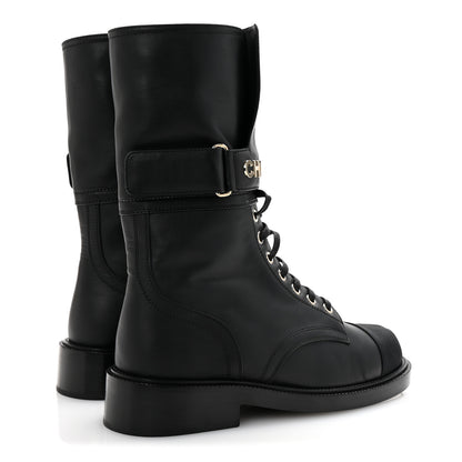 Chanel Shiny Calfskin Lace Up Combat Boots 38 Black 5 of 9
