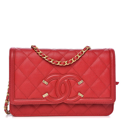 Chanel Caviar Quilted CC Filigree Wallet On Chain WOC Red 1 of 11