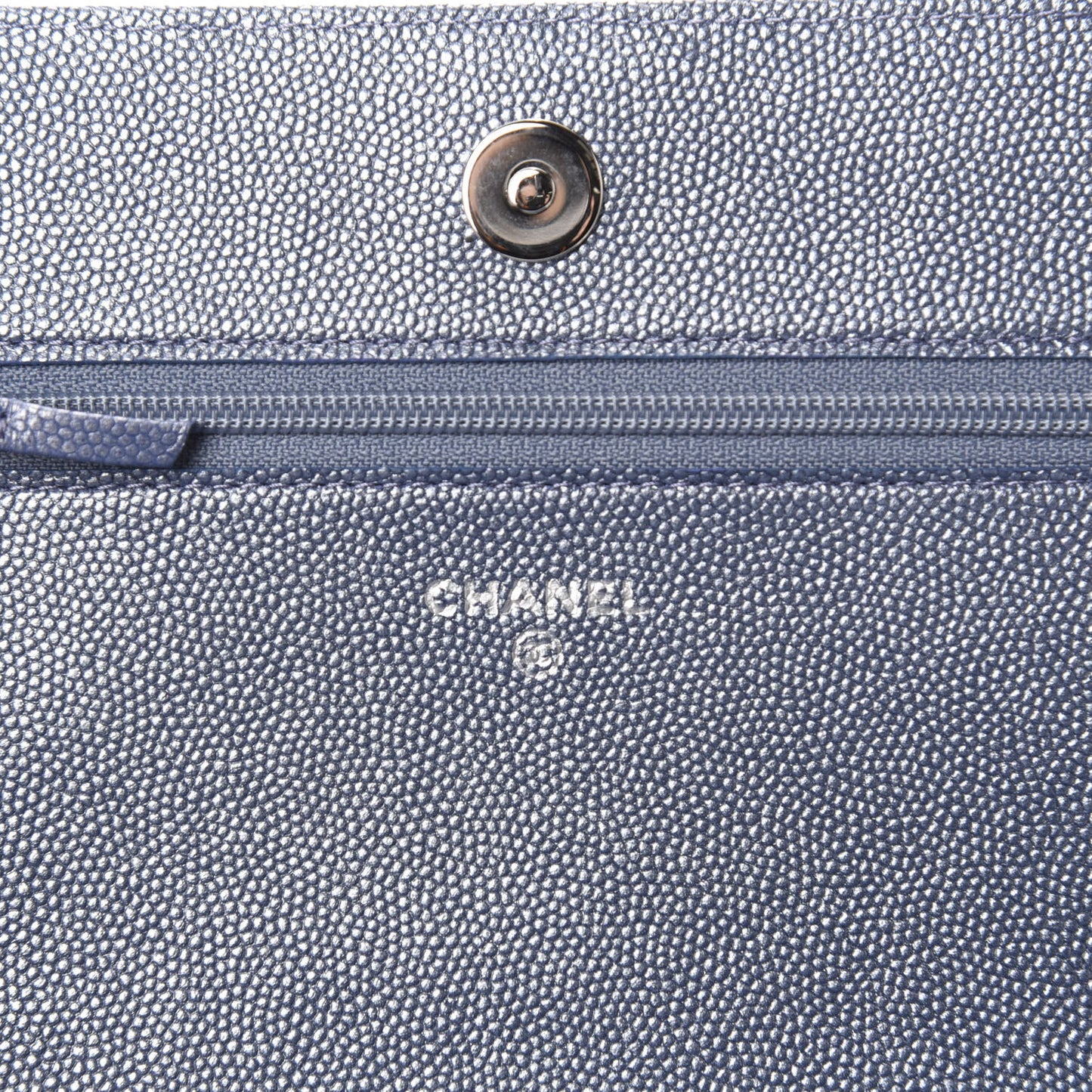 Metallic Caviar Chevron Quilted Vintage Mademoiselle Wallet On Chain WOC Blue