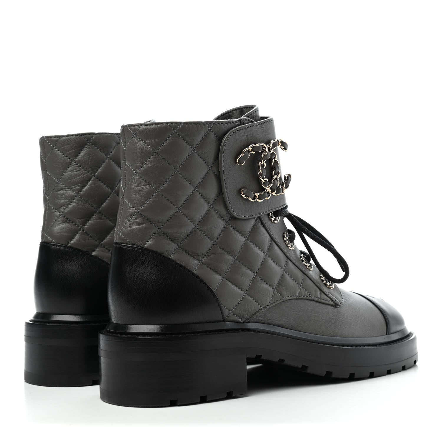 Chanel Shiny Lambskin Quilted Lace Up Combat Boots 37.5 Grey Black 4 of 4