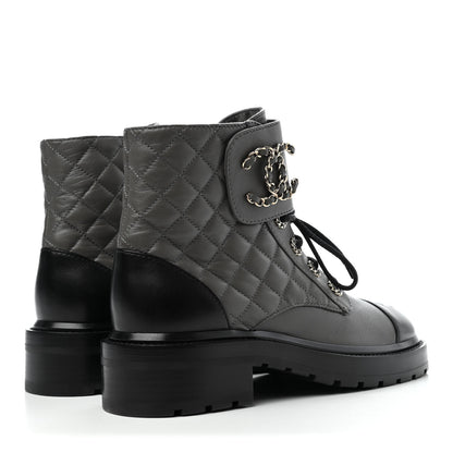 Chanel Shiny Lambskin Quilted Lace Up Combat Boots 37.5 Grey Black 4 of 4