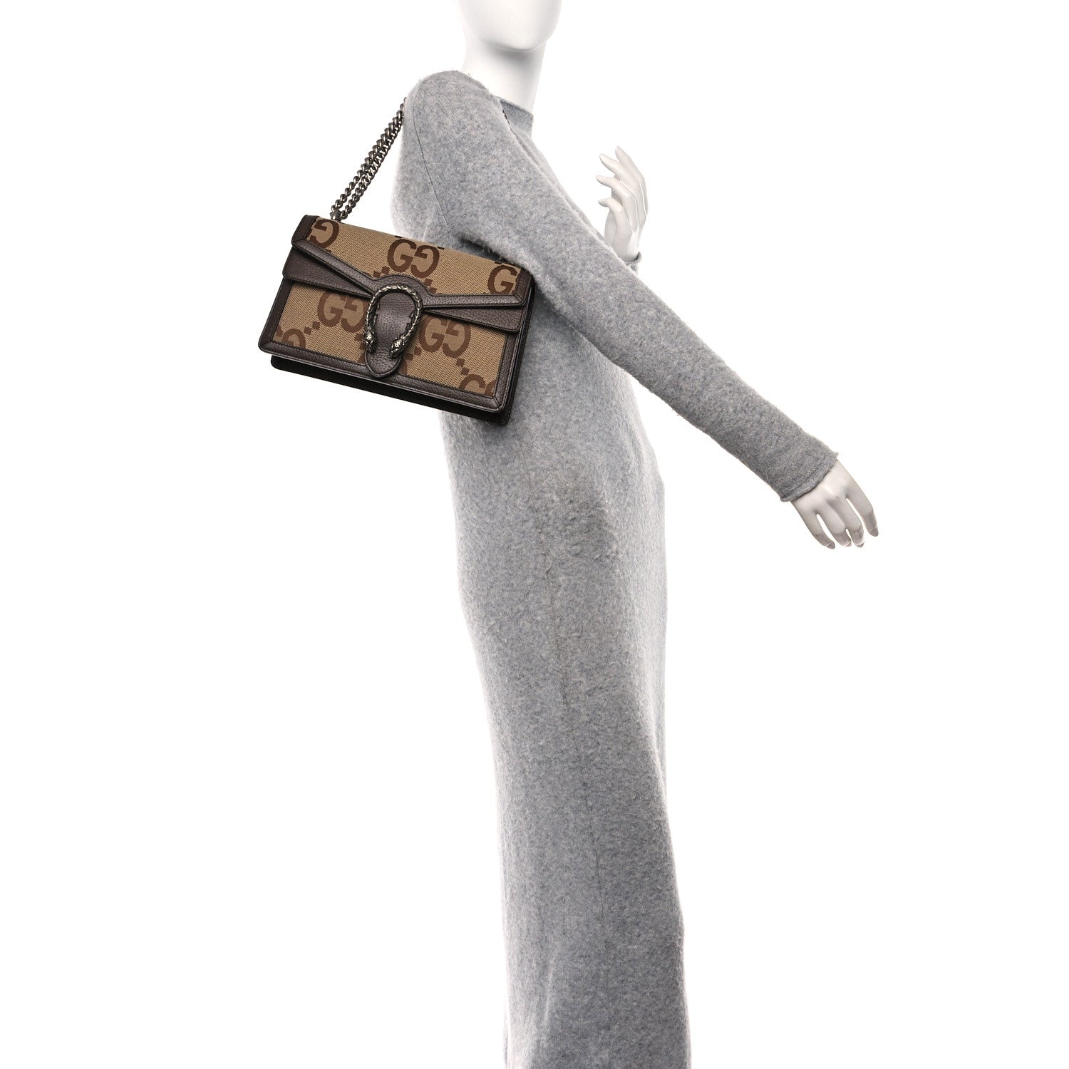 Gucci Monogram Jumbo GG Textured Dollar Calfskin Small Dionysus Shoulder Bag Camel Ebony New Acero 2 of 11
