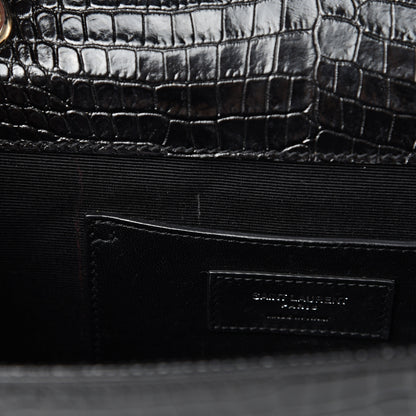 Saint Laurent Calfskin Crocodile Embossed Medium Monogram Envelope Chain Shoulder Bag Black 7 of 15