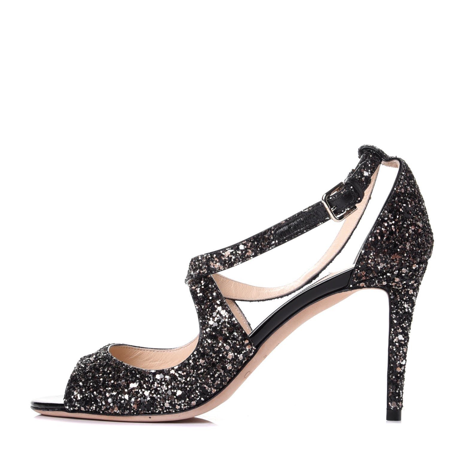 Jimmy Choo Coarse Glitter Emily 85 Sandals 38.5 Black 1 of 9