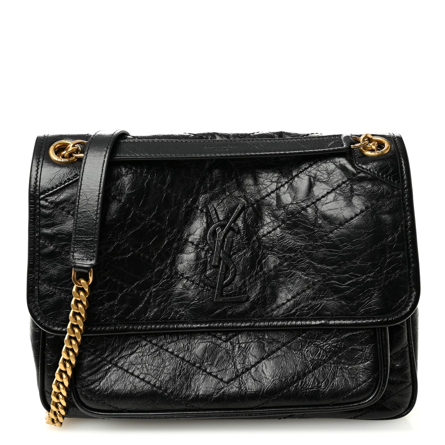 Crinkled Calfskin Matelasse Monogram Medium Niki Chain Satchel Black