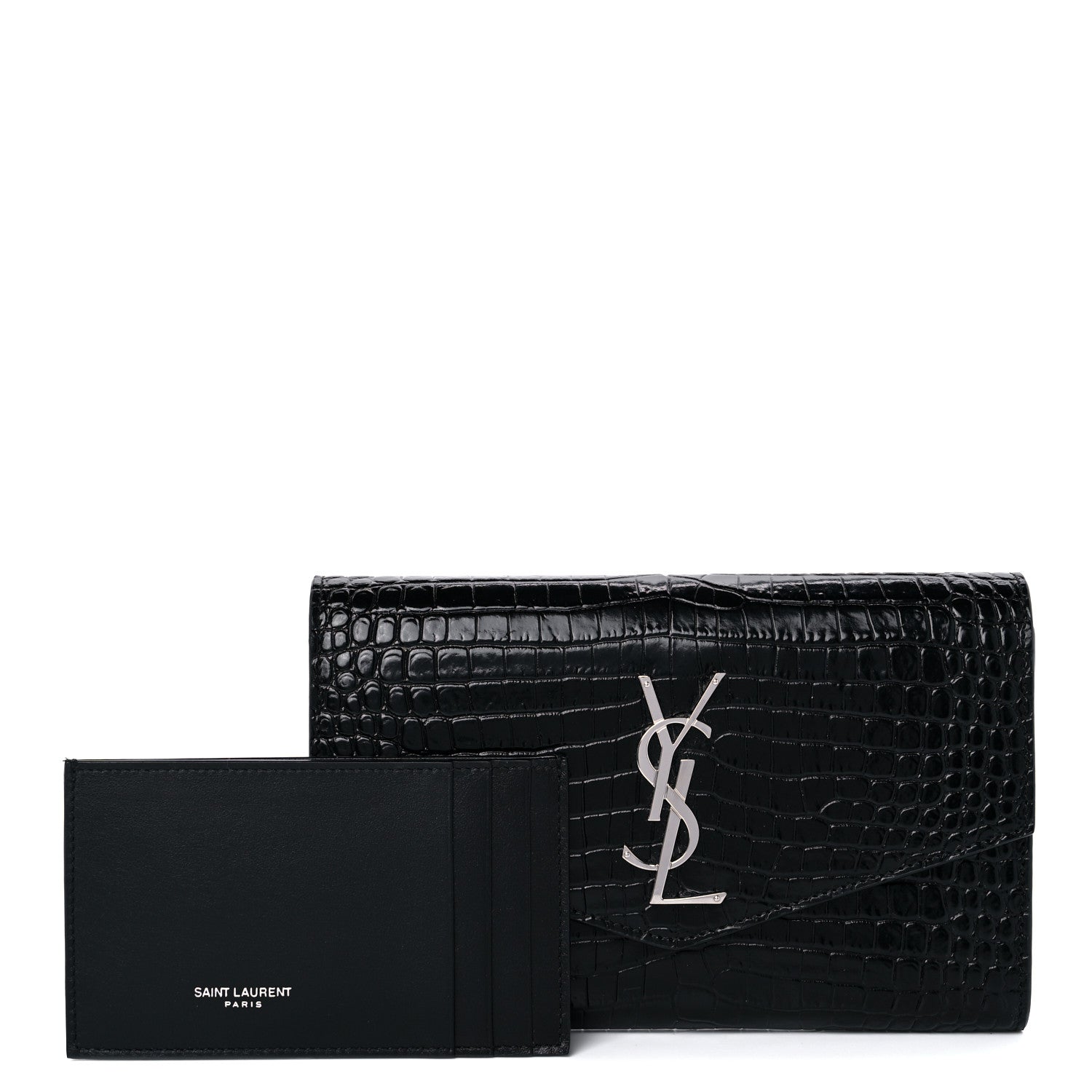Saint Laurent Calfskin Crocodile Embossed Monogram Uptown Chain Wallet Black 1 of 11