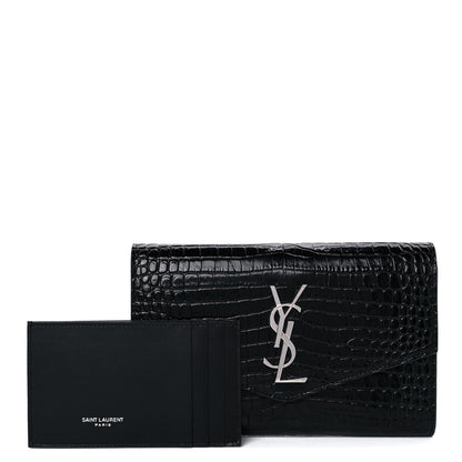 Saint Laurent Calfskin Crocodile Embossed Monogram Uptown Chain Wallet Black 1 of 11