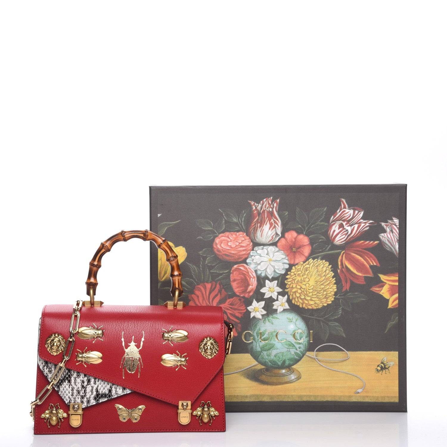 Gucci Calfskin Snakeskin Studded Small Ottilia Top Handle Bag Hibiscus Red 8 of 8