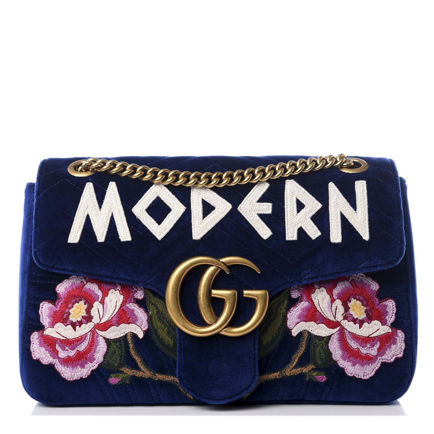 Gucci Velvet Matelasse Modern Embroidered Medium GG Marmont Shoulder Bag Cobalt 1 of 8