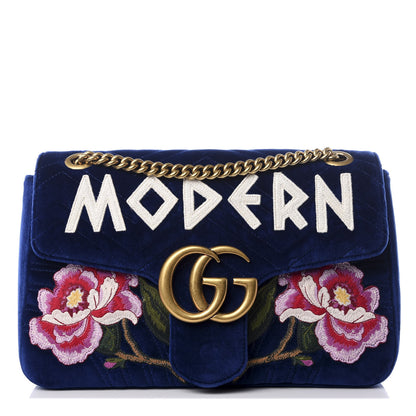 Gucci Velvet Matelasse Modern Embroidered Medium GG Marmont Shoulder Bag Cobalt 1 of 8