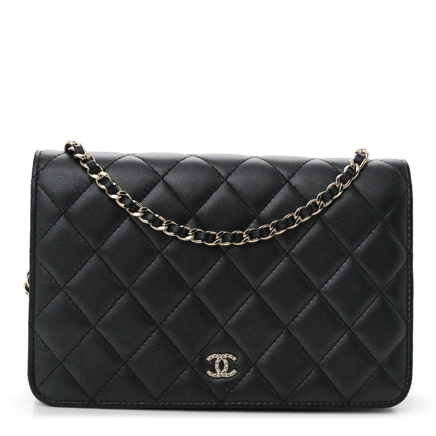 Iridescent Lambskin Quilted Pearl Wallet On Chain WOC Black