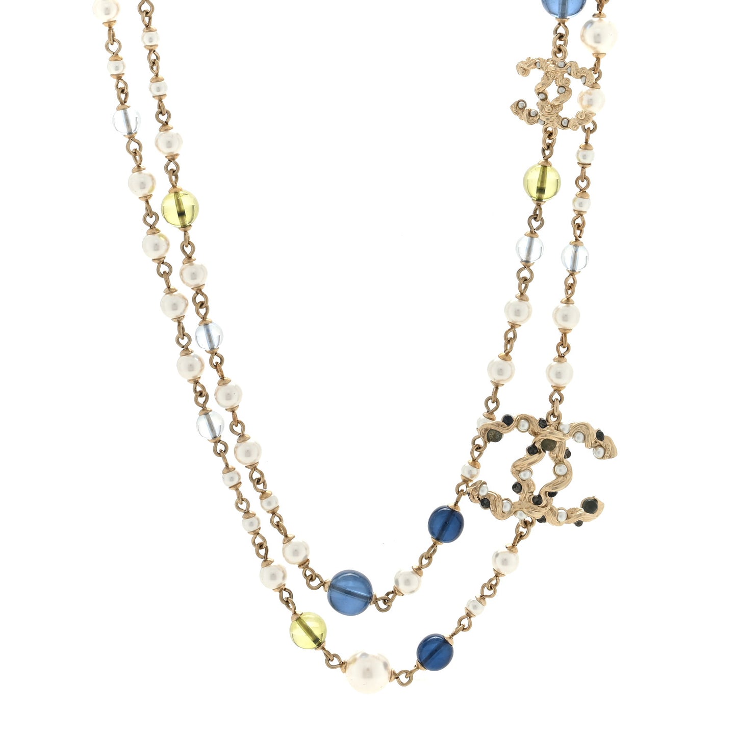 Pearl Glass Bead CC Long Necklace Blue Gold