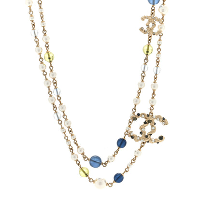 Chanel Pearl Glass Bead CC Long Necklace Blue Gold 1 of 5