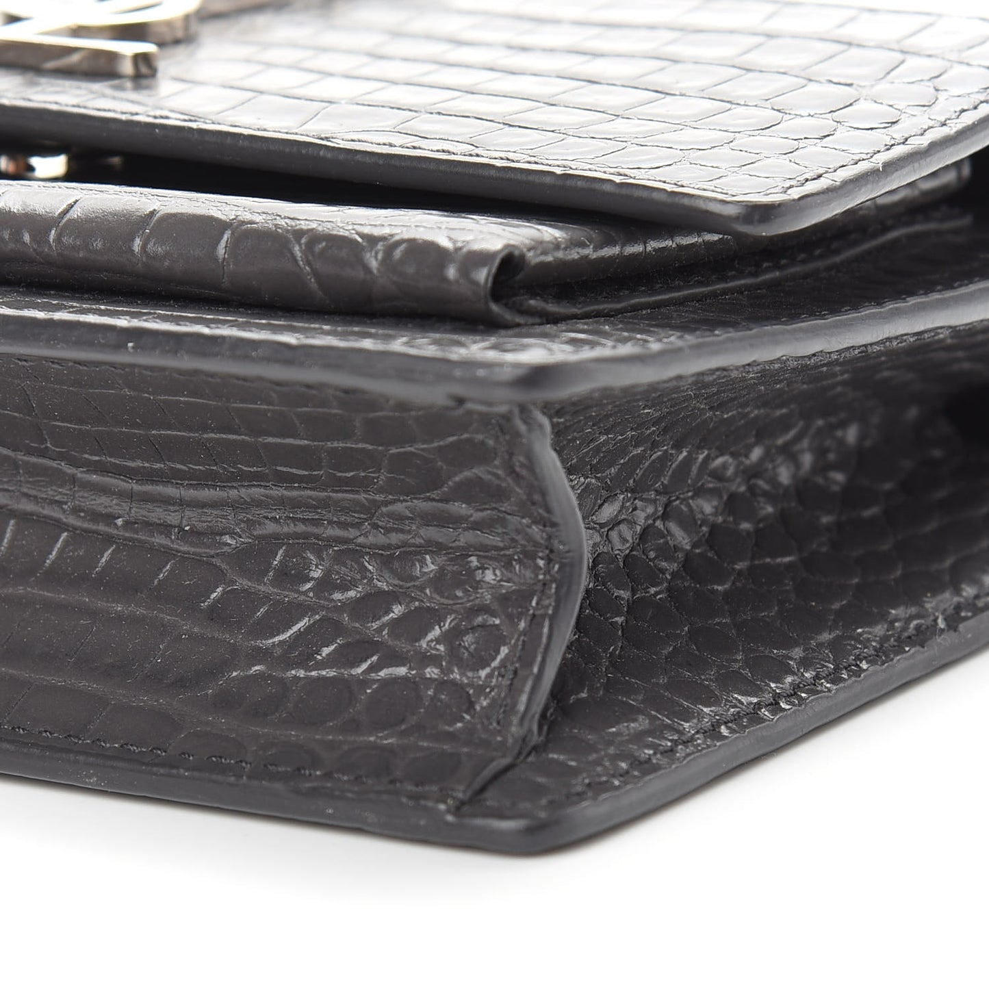 Calfskin Crocodile Embossed Monogram Sunset Chain Wallet Graphite