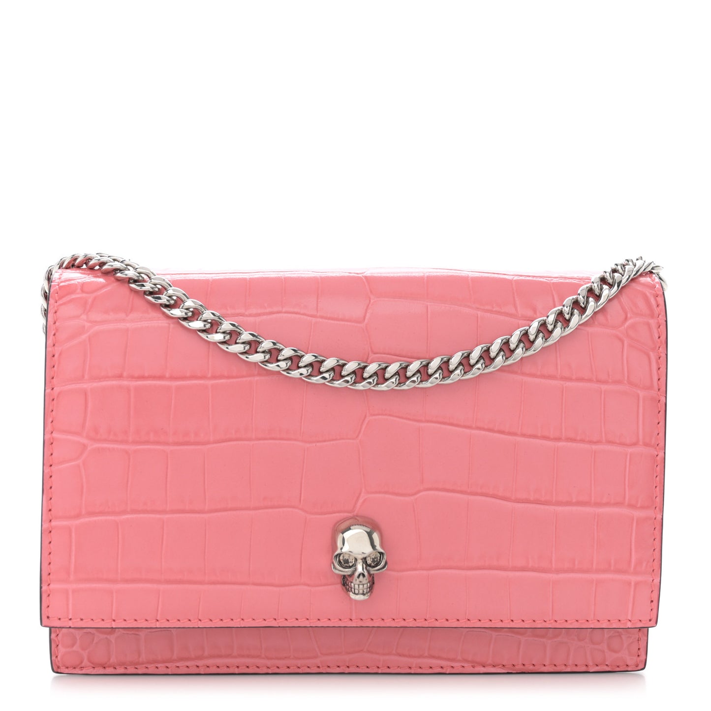 Calfskin Crocodile Embossed Skull Mini Crossbody Bag Coral