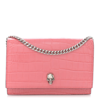 Alexander McQueen Calfskin Crocodile Embossed Skull Mini Crossbody Bag Coral 1 of 10