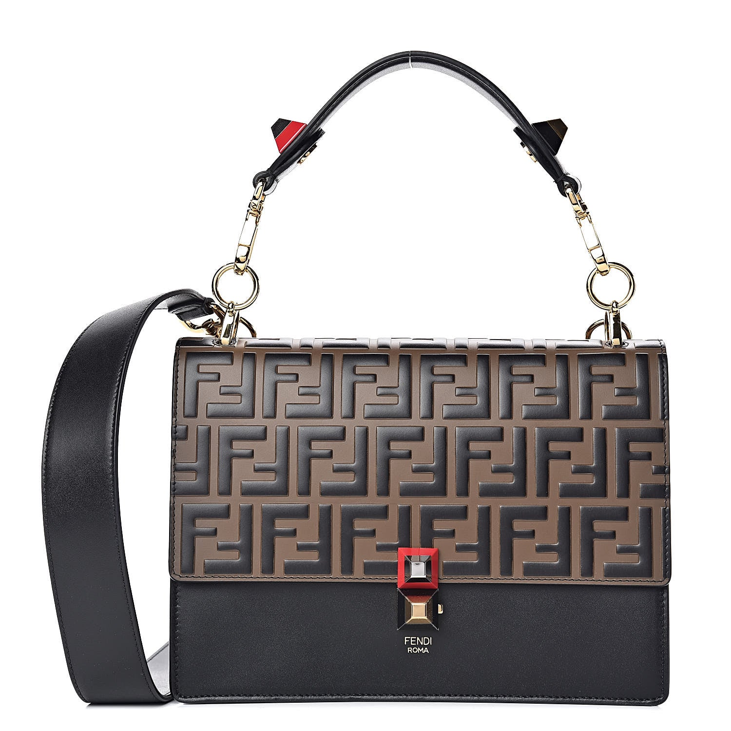 Fendi Vitello Liberty Bi-Color FF 1974 Embossed Kan I Shoulder Bag Black Maya 1 of 10