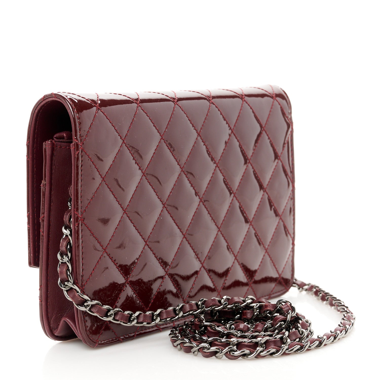Chanel Patent Quilted Brilliant Wallet On Chain WOC Dark Burgundy 3 of 11
