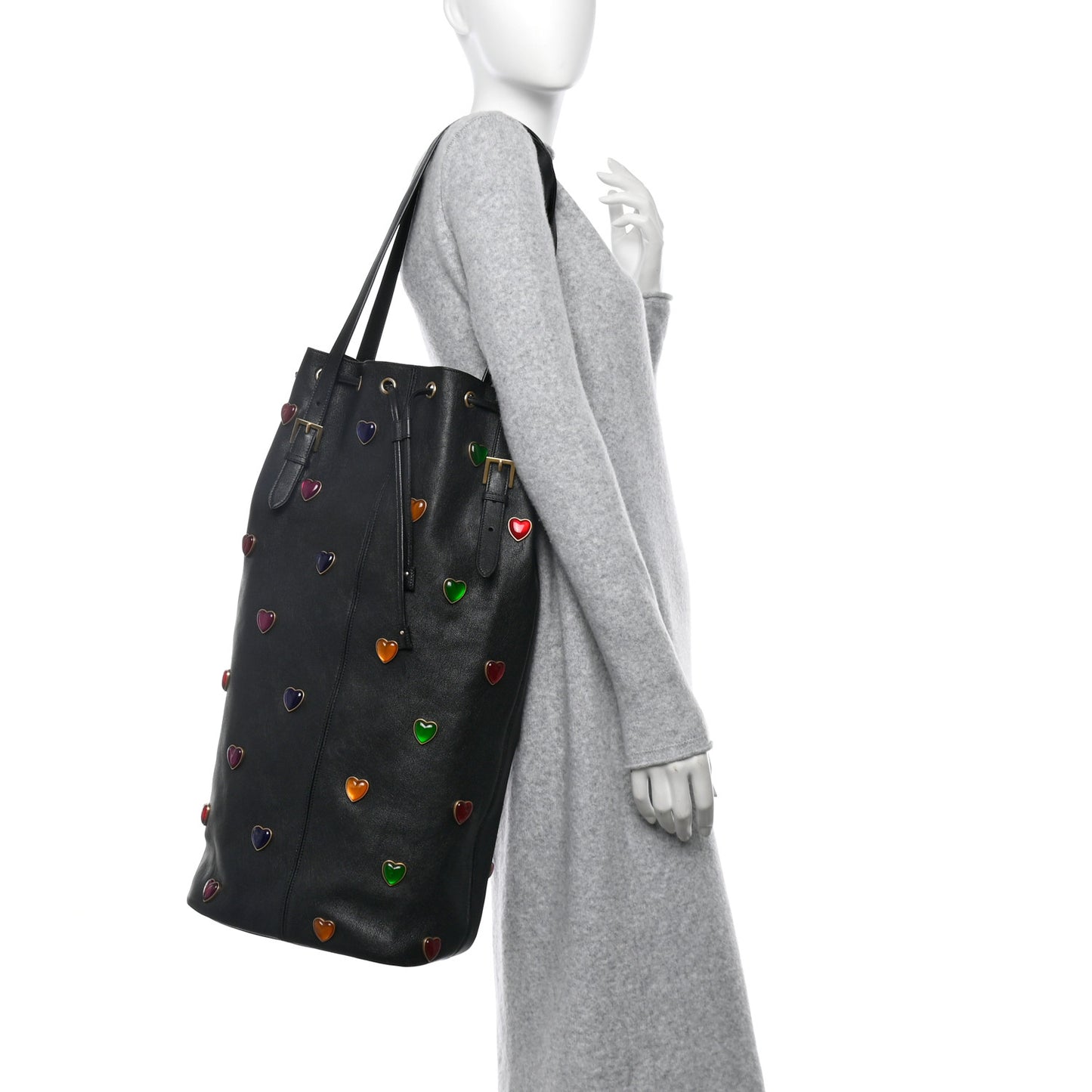 Lambskin Medium Heart Studded Riva Bucket Bag Black