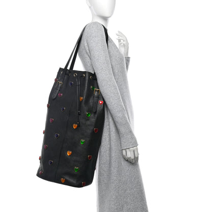 Saint Laurent Lambskin Medium Heart Studded Riva Bucket Bag Black 3 of 11