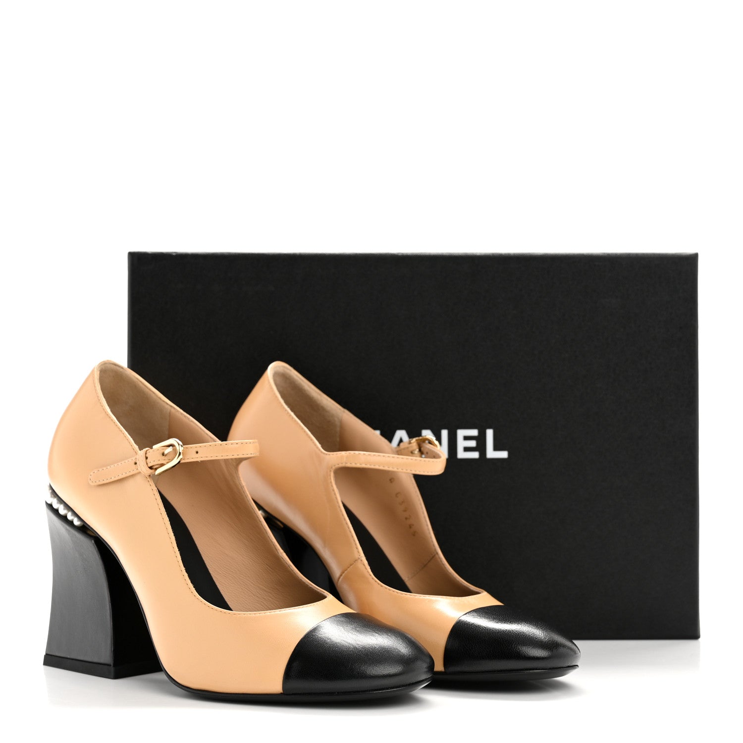 Chanel Shiny Goatskin Pearls Cap Toe Open Slingback Pumps 36 Beige Black 10 of 10