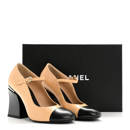 Chanel Shiny Goatskin Pearls Cap Toe Open Slingback Pumps 36 Beige Black 10 of 10