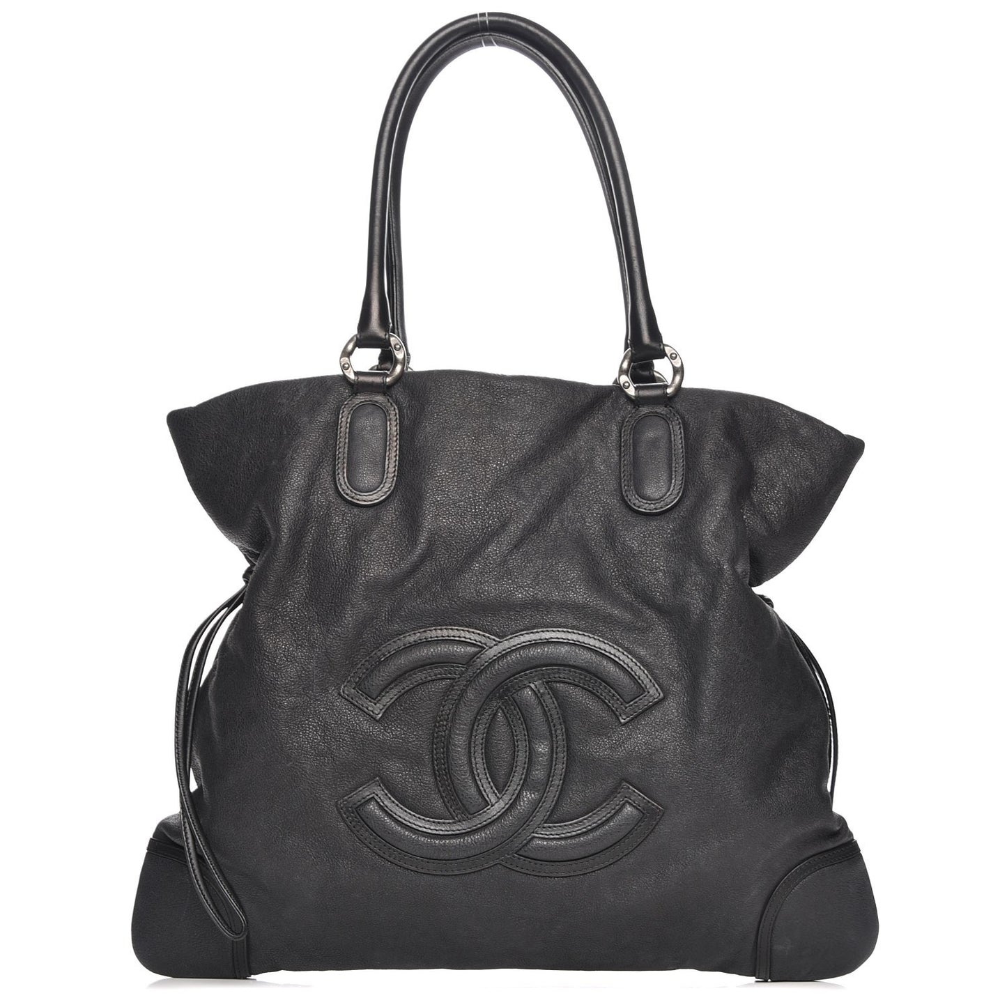 Washed Calfskin Drawstring Tote Black