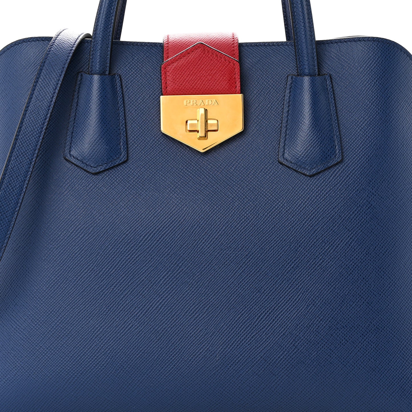 Saffiano Cuir Bi-Color Double Handle Tote Bluette Fuoco