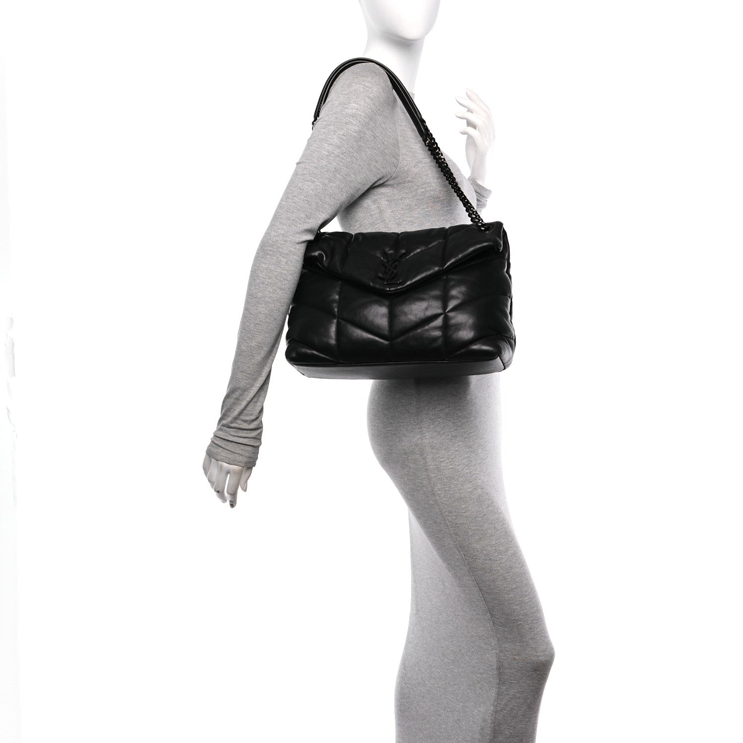 Saint Laurent Lambskin Quilted Monogram Monochrome Medium Loulou Puffer Chain Satchel Black 2 of 11