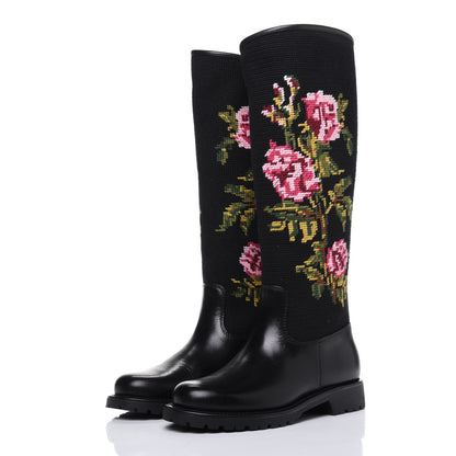Saint Laurent Calfskin Woven Wool Embroidered Knee High Boots 37 Black 3 of 8