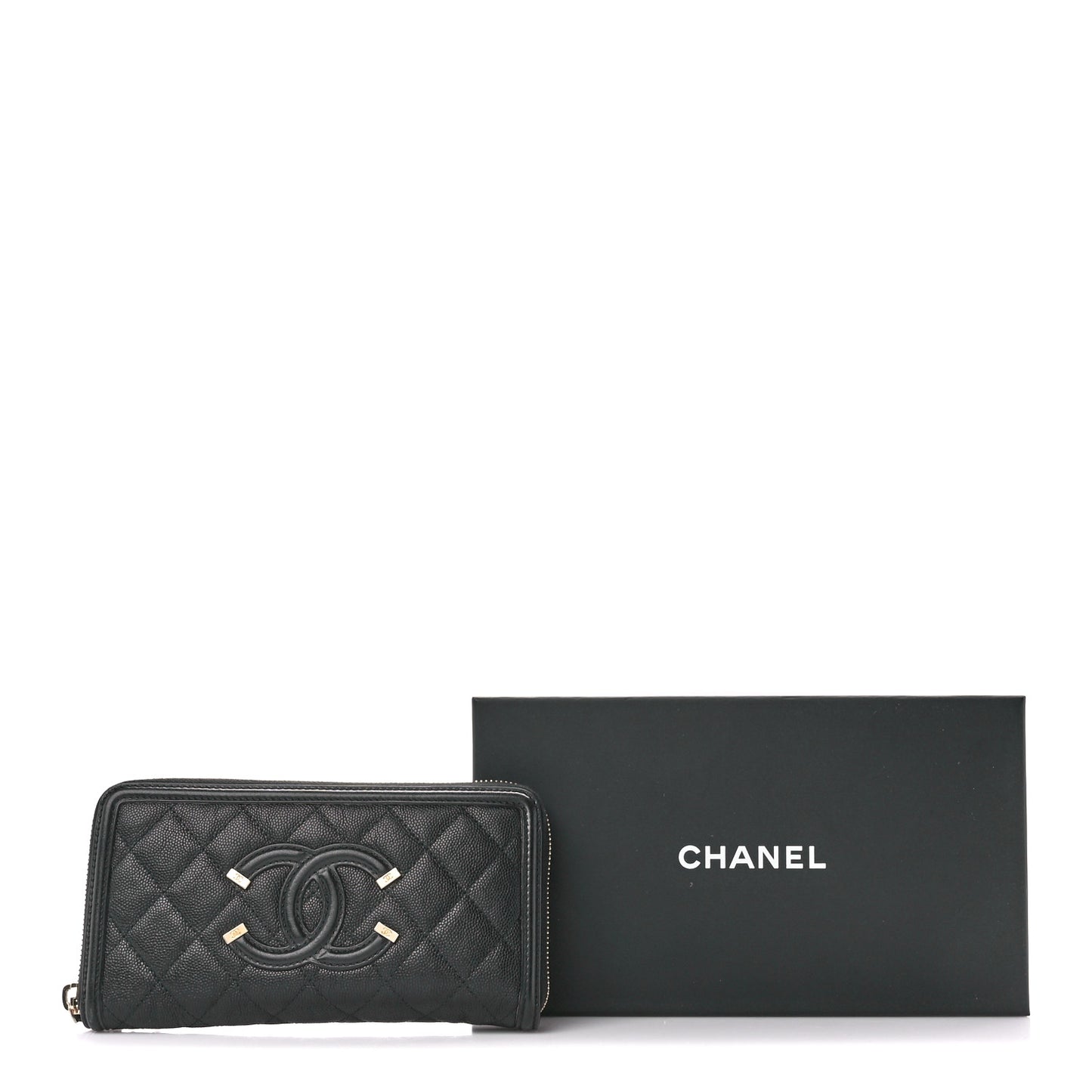 Caviar Quilted Filigree Zip Around Wallet Black