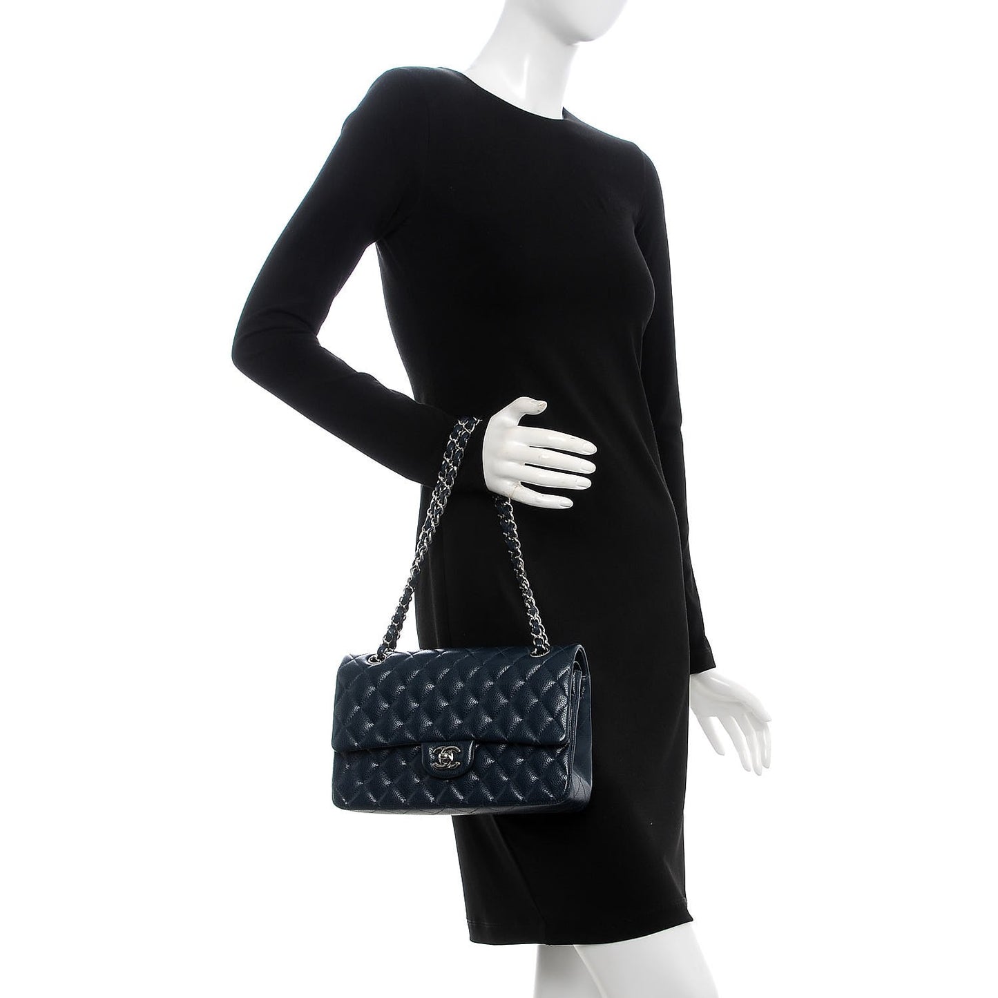 Caviar Quilted Medium Double Flap Dark Blue