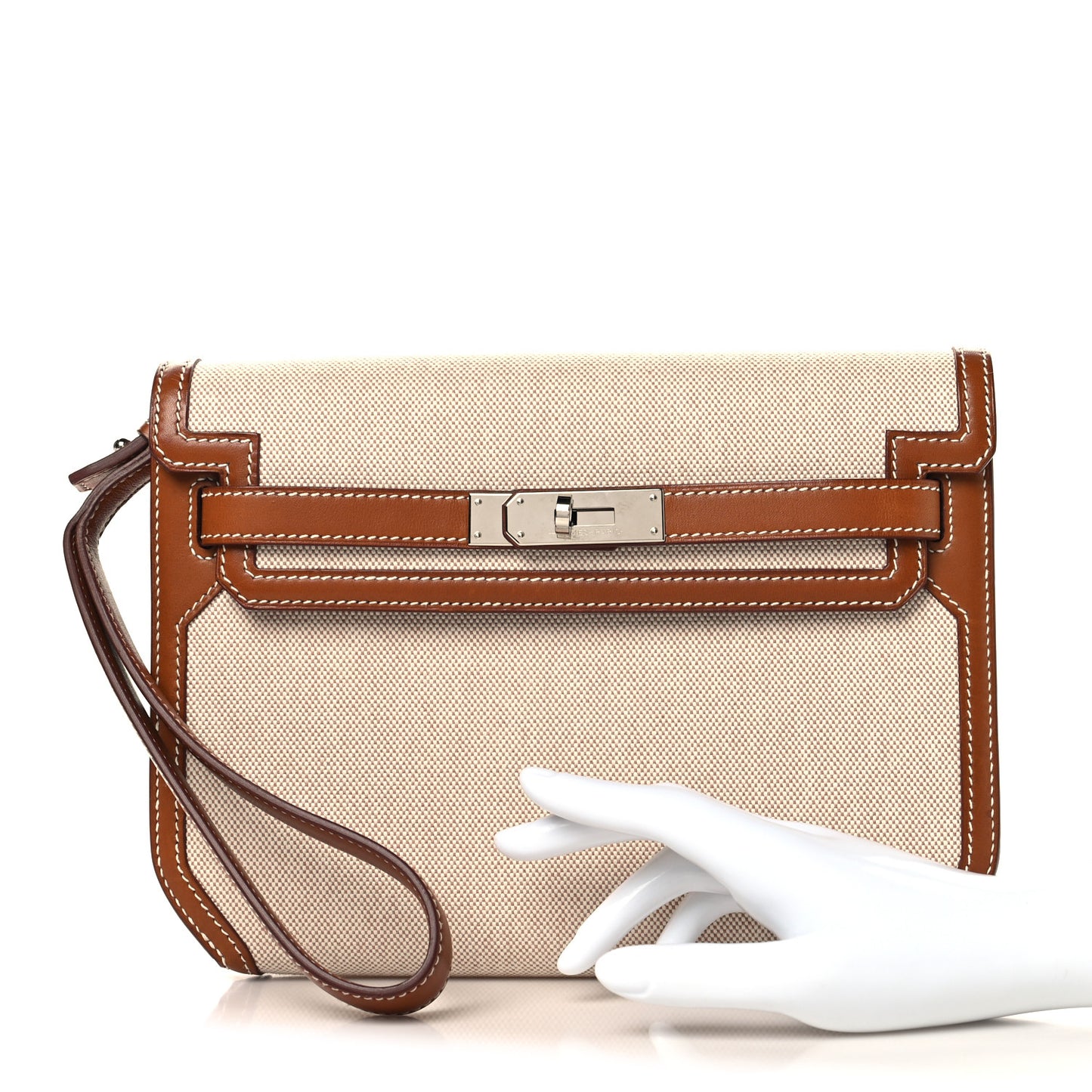 Toile H Barenia Kelly Depeches 25 Pouch Ecru Beige Fauve